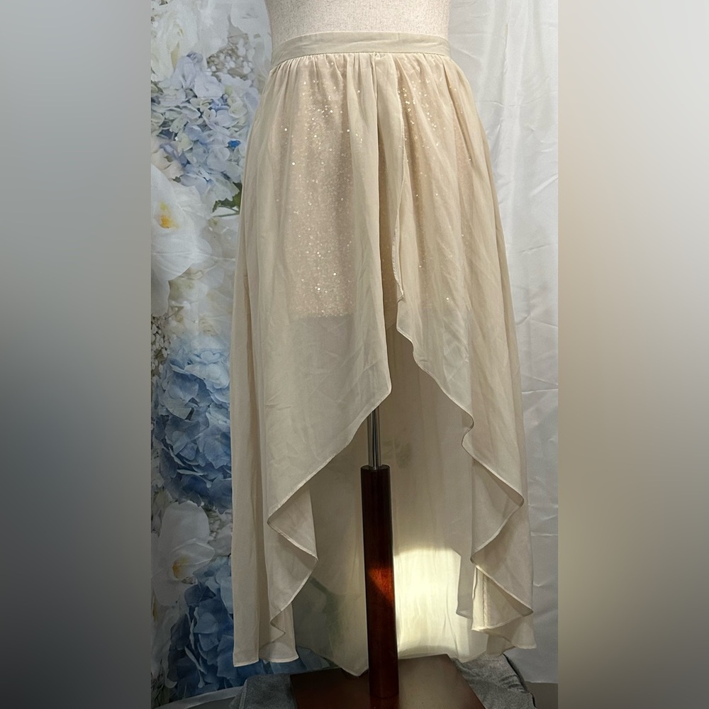 Esley Cream sequin Textured mini Skirt layered with long flowy tulip skirt